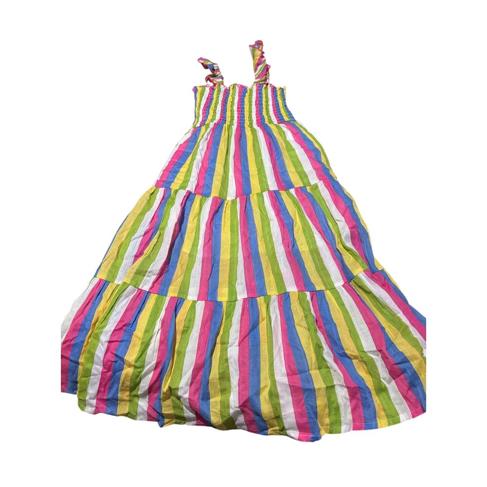 Zunie 7/8 M all cotton bright rainbow offset striped dress maxi style nwot